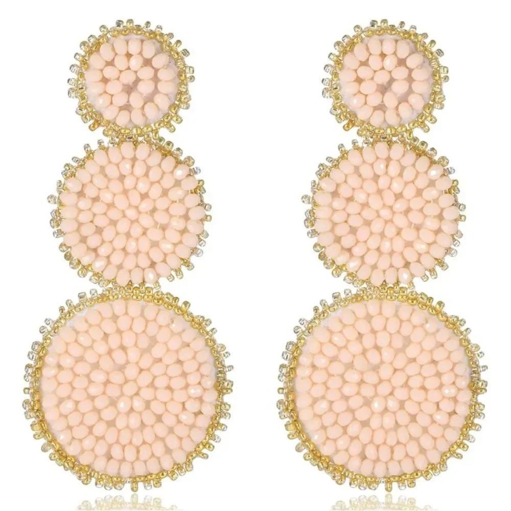 Blush Pink and Gold Beaded Triple Disc Round Boho Drop Statement Post Earrings